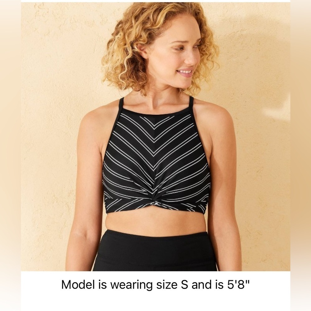 Shade & Shore Women’s Highneck Twist-Front Longline Bikini Top Black Stripe M